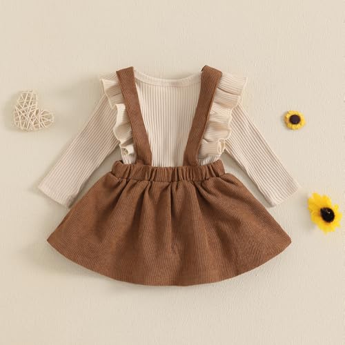 KMBANGI Newborn Infant Baby Girl Skirt Set Ruffle Long Sleeve Knit Romper Corduroy Suspender Dress Skirt Fall Winter Clothes4