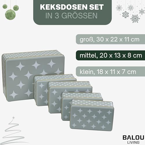 BALOU LIVING 5er Set Keksdose Weihnachten eckig - Weihnachtskeksdosen groß aus Metall - Weihnachtliche Plätzchendose Blechdose, Sterne grau/weiß