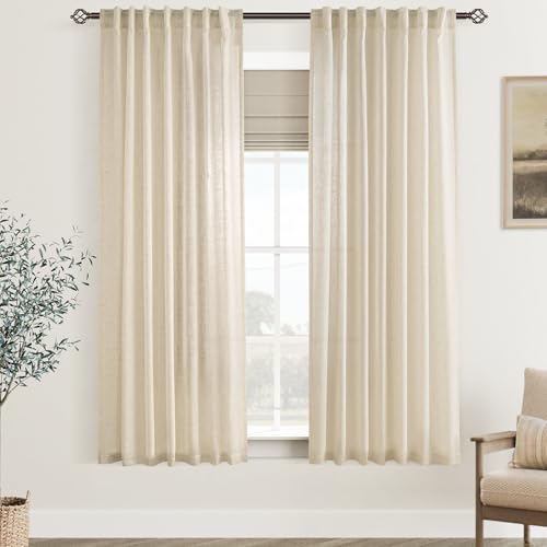 Jolilight Faux Linen Beige Curtains 63 inches Long for Living Room Rustic Farmhouse Linen Drapes Semi Sheer Burlap Textured Canvas Cloth Curtain Panels Set of 2 Kahki Tan Colored