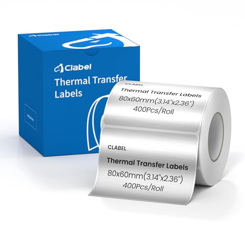 Image of Clabel Thermal Transfer Silver PET Labels 3.15 x 2.36 in (80 x 60 mm) for Barcodes and Asset Labels, 400 Labels per Roll, Industrial Equipment Identification, Compatible with Thermal Transfer Printers