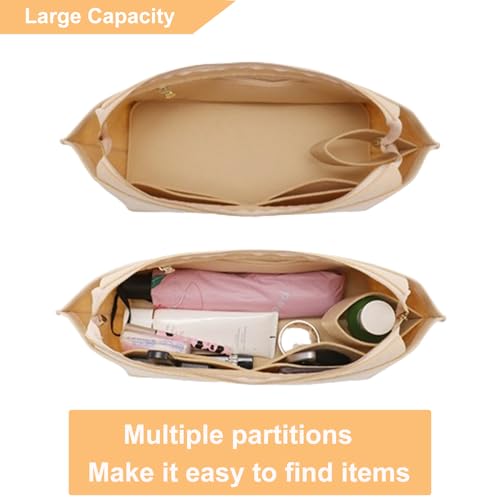 Image of Doxo Purse Organizer Insert for Handbags, Felt Neverfull MM Organizer Insert with Cover, Tote Bag Organizer with Zipper Pocket and Bottle Holder, Fit Neverfull MM and More, Beige-L