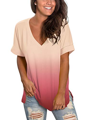 Image of Sampeel Women's V Neck T Shirts Casual Rolled Short Sleeve Side Split Summer Tops Loose Fit