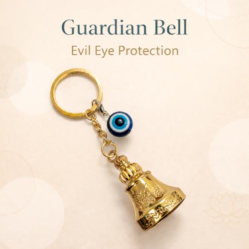 Image of Gold Guardian Bell For Bike Keychain with Evil Eye Charm - Good Luck Motorcycle Bell for Riders | Protective Biker Gift for Men, Women, Friends & Loved Ones | (Shiny Golden with Evil Eye)