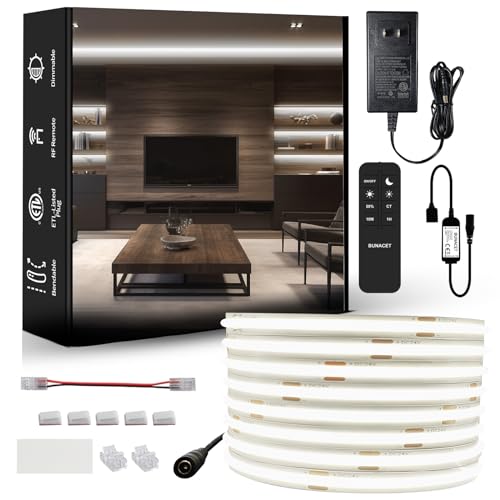 BUNACET COB Striscia LED 2880 LED COB 20ft 6500K luce bianca fredda regolabile con telecomando RF per illuminazione sotto l'armadio per camera da letto, controsoffitto e