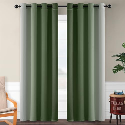 Image of SimpleHome Ombre Sage Green to Grey White Curtains for Living Room 52Wx84L | Room Darkening Curtains for Bedroom,Gradient Light Blocking Curtain,Thermal Insulated Grommet Window Drapes,2 Panels,84 Inch