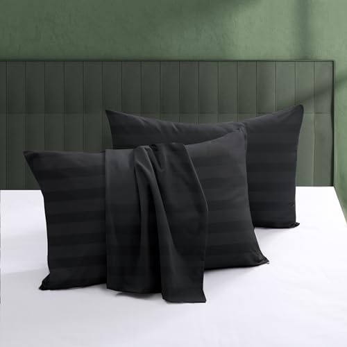 Image of 100% Egyptian Cotton Pillow Protectors Set of 2, 600 Thread Count Standard Size Bed Pillow Cases with Zipper, Sateen Weave Cooling Pillow Cases Quiet and Breathable Easy Care (2PCS, Striped Black)