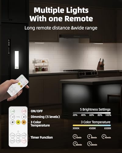 Image of 4Pack 7.8inch Under Cabinet Lighting, Rechargeable Motion Sensor Light Wireless Indoor, Dimmable 3 Color Temps Closet Lights with Remote, Under Counter Lights for Walk-in Closet, Stair