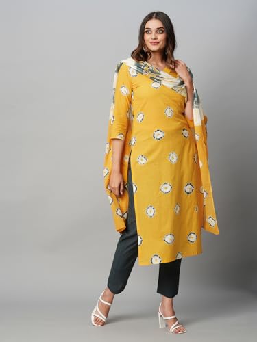 Image of GoSriKi Women's Cotton Blend Straight Printed Kurta with Pant & Dupatta