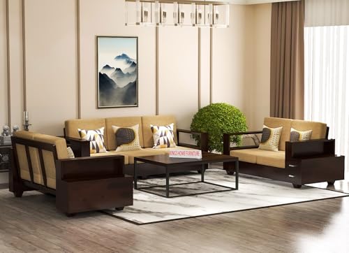 Image of KINGS HOME FURNITURE Sheesham Wood 7 Seater Sofa Set with 2 Drawer Storage | 3+2+2 Wooden Sofa Set Furniture for Living Room Home Office (3+2+2,Walnut)