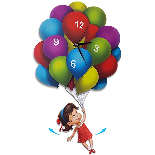 Colorful Balloons and Girl Pendulum Wall Clock.| Silent Non-Ticking Quartz Movement, Unique Kids Bedroom Decor, Double Layer MDF, Fun Gift for...