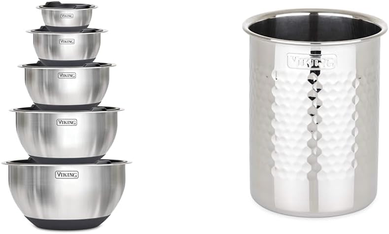 VIKING Stainless Steel Mixing Bowl Set, 10 piece, Includes Airtight Lids, Dishwasher Safe & Hammered Stainless Steel Utensil Holder