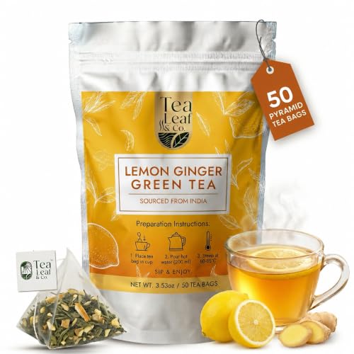 Image of Lemon Ginger Green Tea Bags (50 Count), Green Tea with Orange Peel, Black Pepper & Mint Extract, Caffeinated, Real and Natural Green Tea, Blended with Fresh Herbs and Spices, Gluten Free