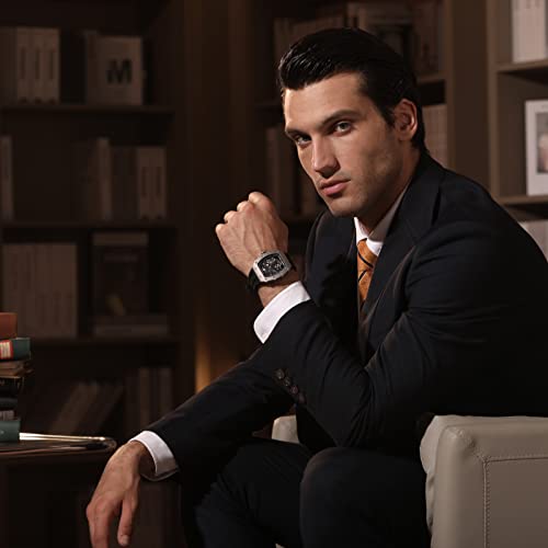 Image of TSAR BOMBA Men's Automatic Watch Tonneau Luxury Skeleton Watches for Men Mechanical 50M Waterproof Analogue Watches Mens Unique Cool Square Big Face Dial Wristwatch with Silicone Strap Band