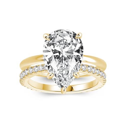 4.0CT Pear Cut Engagement Ring Set for Women,14K Yellow Gold Plated 925 Sterling Silver Simulated Diamond Bridal Wedding Ring Set