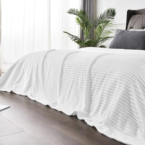 Image of BEDELITE Fleece Blanket Queen Size - 3D Ribbed Jacquard Soft and Warm Decorative Fuzzy Blankets - Cozy, Fluffy, Plush Lightweight Throw Blankets for Couch, Bed, Sofa(White, 90x90 inches)