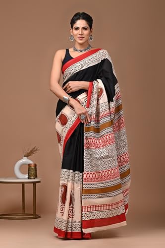 Image of Crafts Moda Pure Cotton Floral Print Saree with Blouse for Women