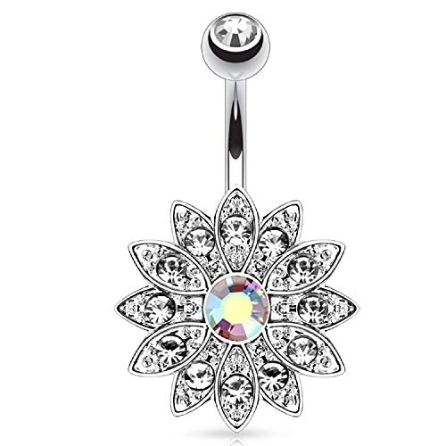 BodyJ4You Belly Button Ring Flower Paved Clear Aurora CZ Crystal 14G Navel Banana Steel Curved Bar