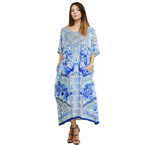 Image of Miss Lavish London Kaftan for Women Dress V Neck Summer Swimsuit Cover Up Blue Caftan Maxi Beach Dress, Plus Size African Kaftan with Batwing Sleeves, Side Slit & Pockets on Both Sides-Blue-M