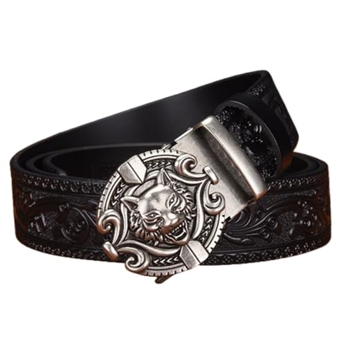 Men's Ratchet Belt Engraved Tiger/Fox Head Wild King Automatic Silver Buckle Western Embossed Adjustable Strap(115cm/45, Black)