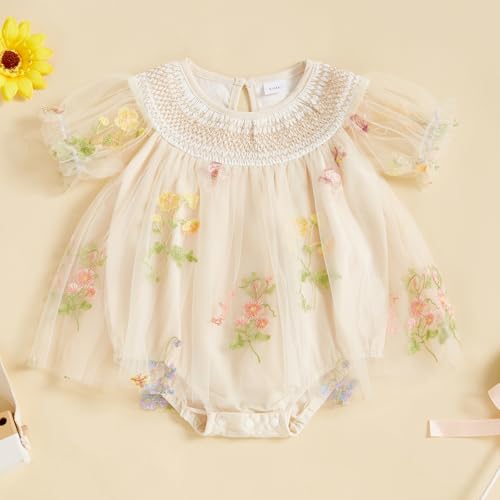 MAINESAKA Smocked Baby Girl Tulle Romper Dress Floral Embroidery Butterfly Wings Fairy Bubble Romper Bodysuit Summer Clothes2
