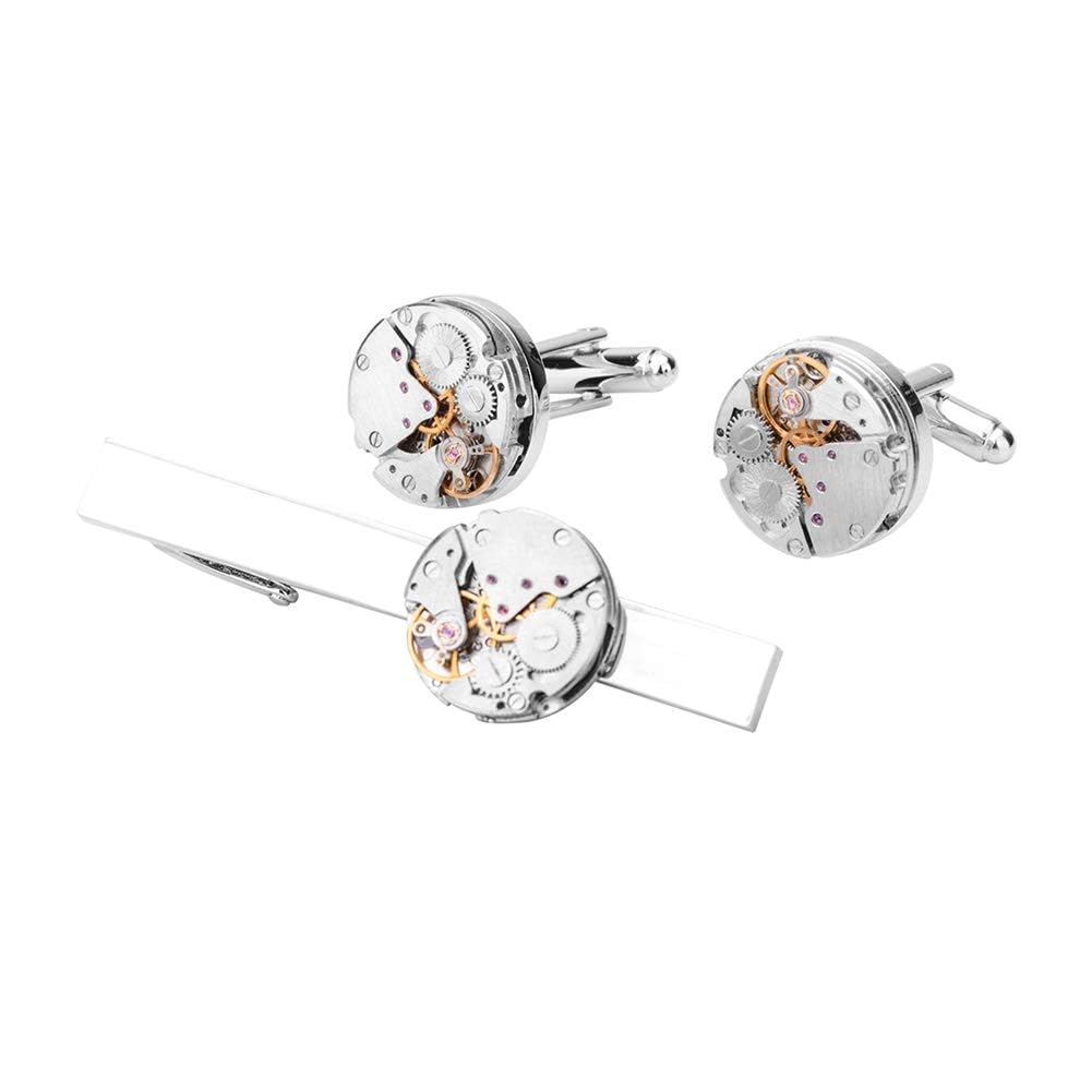 Uhrwerk Silber Manschettenknöpfe und Krawattennadel Clip Set für Männer Stilvolles Accessoire Geschenkset