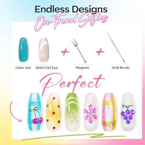 Image of modelones Gel Nail Polish Set, 6 Colors 2026 Summer Nude Cat Eye Gel Polish Translucent Bright Neon Hot Pink Yellow Green Purple Blue Sheer Jelly Nail Polish W Magnet & Liner Nail Brush LED Gift