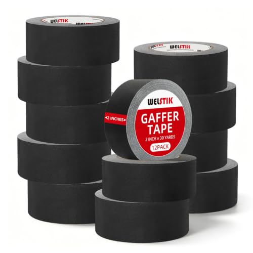 Image of WELSTIK 2 inch x 30 Yards Black Gaffers Tape 12 Pack - Bulk Professional Grade Gaffer Tape Multipack - Non-Reflective Heavy Duty Adhesion Cable Management Stage Tape for Commercial Studio & Floor