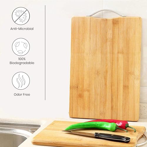 Image of Yellow Weaves Large Bamboo Wood Chopping Board (24 x 34 CM, 1.8 CM Thickness) Cutting Board with Metal Handle for Vegetables, Fruits, for Kitchen Use, Eco Friendly, BPA Free, Anti Microbial