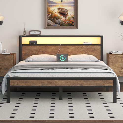 Image of LOEWAY Queen Size Bed Frame with Storage Headboard, Industrial Platform Bed with Charging Station and LED Lights, Heavy Duty Metal Slats, No Box Spring Need, Noise Free, Rustic Brown