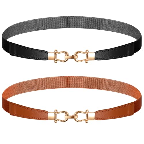 2pcs Women Skinny Belt for Dresses Elastic Belt Retro Stretch Ladies Waist Belts Adjustable Leather Belts with Gold Buckle Halloween Decorations - Main Image