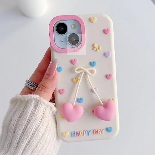 Image of MIDOS Cute 3D Cherry Heart Charm Case for iPhone 15 Soft Silicone Protective Cover with Pastel Hearts and Bow Design Girls Case for iPhone 15
