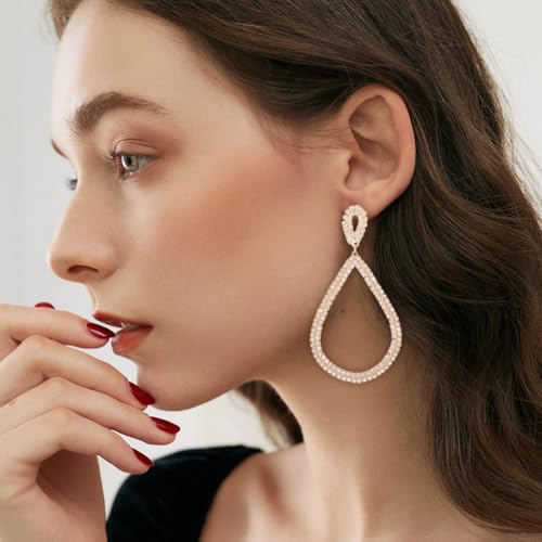 ATIMIGO Rhinestone Statement Dangle Earrings CZ Teardrop Drop Earrings Geometric Party Prom Earrings Silver/Gold for Women Girls3