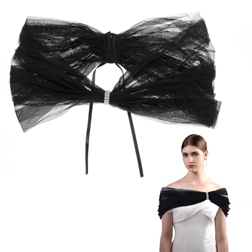 NICENEEDED Bridal Detachable Tulle Shawl, Black Wedding Strapes Puffy Dress Scarf Sleeve Shawls, Removable Shoulders Cover Up Accessory for Wedding Costume