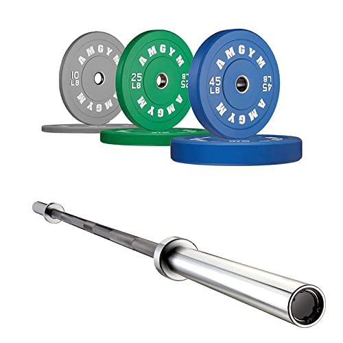 Amgym Color Bumper Plates Set With 7 Foot 1200 Lb Capacity Olympic Barbell, Black Rubber Weight Plates With Steel Insert, Weight Bar With Zinc Plating For Weightlifting Powerlifting (160Lb + Bar) #TOP22