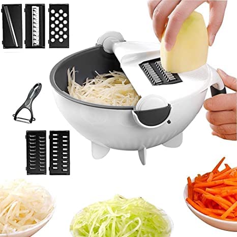 JAY BHAGWATI TOOLS & MACHINERY Plastic Multi-Functional 9 in 1 Vegetable Cutter Grater Slicer Peeler with Wet Rotating Drain Basket Strainer for Kitchen Vegetable Cutter Chopper