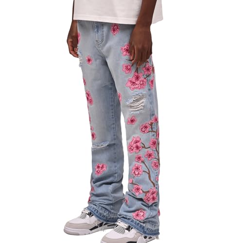 Men's Ripped Bootcut Jeans Floral Embroidery Slim Fit Bell Bottom Destroyed Flare Pants Skinny Stacked Trousers2