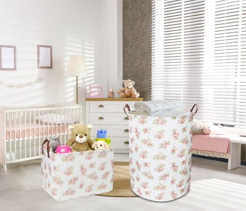 Image of NTAOHAMPER Rectangular Pink Flower Basket for Girls, Storage Bin with Handles, Room Decor, Gift Basket(Pink Flower)
