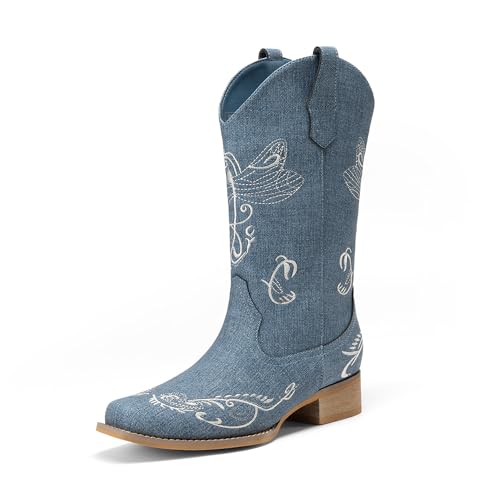 DREAM PAIRS Women's Square Toe Cowboy Cowgirl Boots Pull On Low Chunky Heel Mid Calf Western Boots...