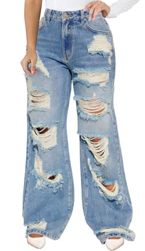 IbuduSexy Women's Mid Waisted Wide Leg Distressed Jeans Ripped Retro Denim Pants