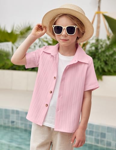 Image of Arshiner Boys Casual Short Sleeve Button Down Shirt Fashion Textured Summer Beach Shirt 3-13 Years Old