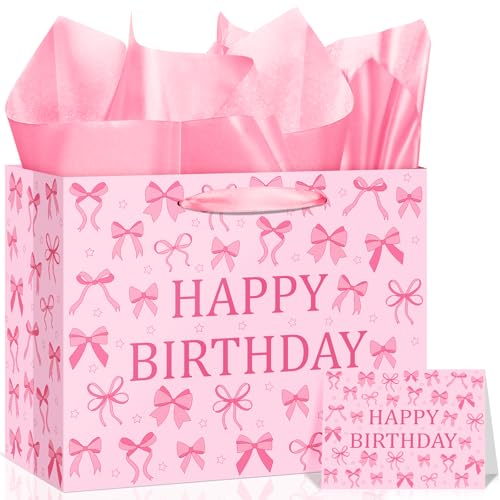 Pink Bow Birthday Gift Bag with Tissue Papers & Card Coquette Girly Bowknot Gift Bag for Her Women Girl Baby Shower Mother Daughter Friend Female Teacher Birthday Celebration Presents Goodie Treatbag
