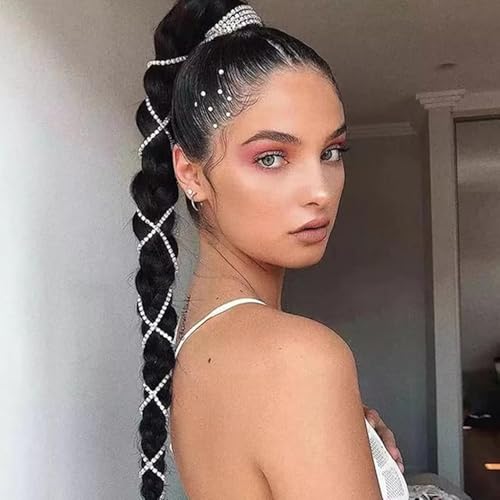 Ouliget Rhinestone Tassel Hair Chain Clip, Pinza para el cabello de metal plateado punk, cadena de cabello de varias hebras para fiestas, pack de 2 piezas miniatura 5