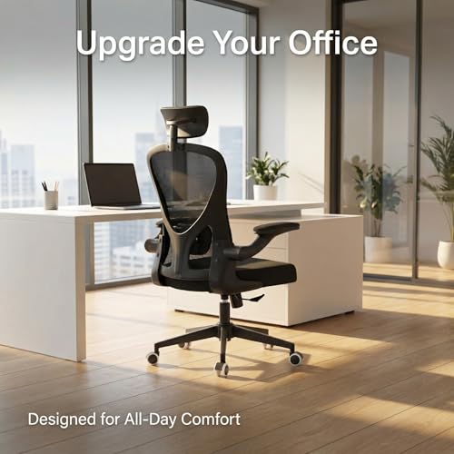 Image of Monhey Office Chair Ergonomic Desk Chair with Lumbar Support&Headrest&Flip-up Arms Height Adjustable Rocking Swivel High Back Computer Chair Warm Taupe Mesh Study Chair (10black)