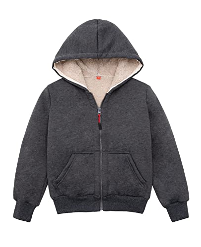 ThCreasa Fall Winter Sweatshirts for Boys Sherpa Lined Full Zip Long Sleeve Hoodie Sweater Jacket Dark Grey L(10/12)