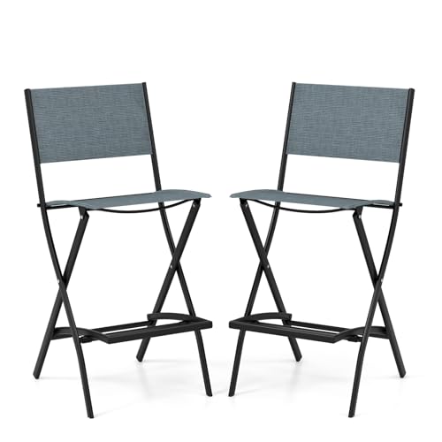COSTWAY 2er Set Outdoor Barhocker, klappbare Barstühle mit Rückenlehne und Fußstütze, Tresenhocker bis zu 150 kg belastbar, Sitzhöhe 71 cm, Gartenstühle für Balkon, Garten & Poolbereich, Blau