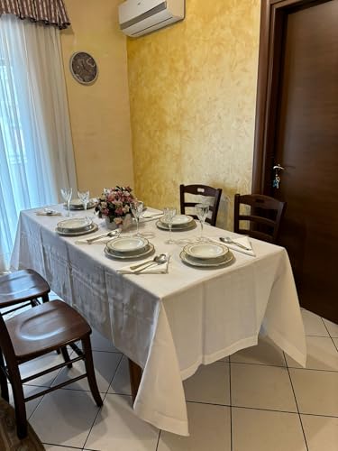 Generico Set Tovaglia e Tovaglioli in Policotone, Tovaglia con Tovaglioli da 6 (140x180cm) 6 Posti Rettangolare Elegante con Orlo a Giorno, Perfetta per Pranzi e Cene in Grande Stile (Bianco)