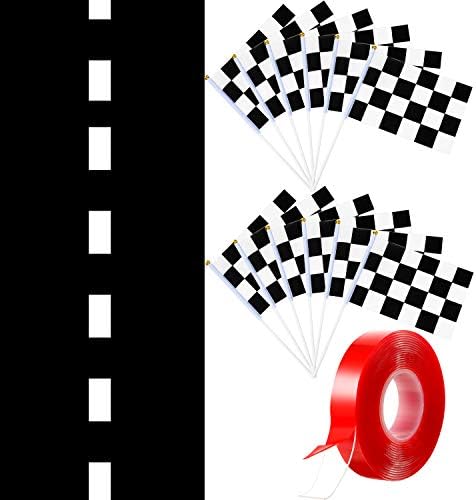 Miniatura 8 de Tapete de carreras de 13 pies de largo (2 pies de ancho) y 12 piezas de bandera de carreras a cuadros en blanco y negro para dos decoraciones de