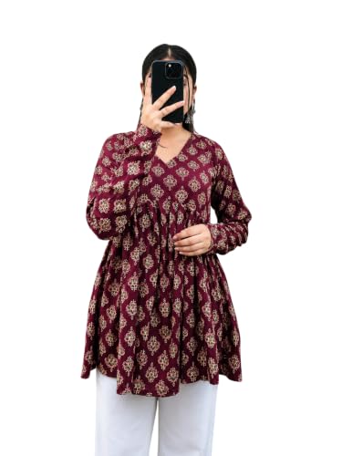 Image of Women's V Neck Short Kurti for Women | Floral Printed Cotton Blend Kurti | Full Sleeve Flared Tunic Top | Casual Ethnic Kurta Top for Women | Stylish Kurti with Jeans