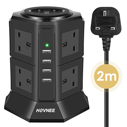 Hovee - Torre de alimentación de 8 puertos con 4 puertos de carga USB y cable de 2 m (5 V / 4,5 A), interruptor individual de protección contra sobretensión y protección contra cortocircuitos