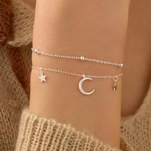925 Sterling Silver Dainty Moon Star Link Bracelet for Women Sparkling Cubic Zirconia Layer Charm Bracelet Hypoallergenic Adjustable Chain Trendy Personalized Jewelry for Mom Daughter Wife Teacher Christmas Wedding Jewerly Gift4